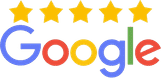 Google logo with five gold stars above, representing excellent customer reviews for Palm Valley Dental